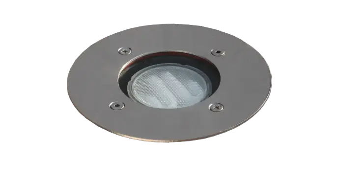 Faro alogeno Tector montato a parete con luce calda accesa in esterno